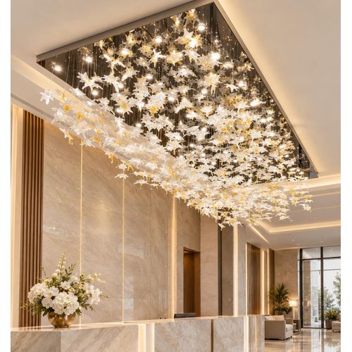 Luxurious Modern Crystal Leaf Ceiling Chandelier – Large Rectangular LED Decorative Ceiling Light for Hotels, Duplexes, Reception Halls and Grand Interiors( size 1200mm).