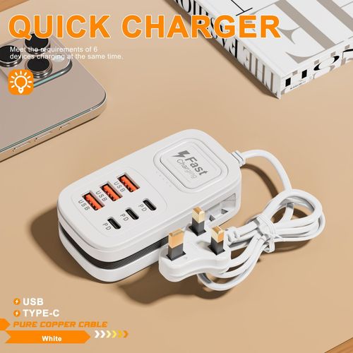 7 In 1 3USB 3PD 66w Fast Charger Power Socket White