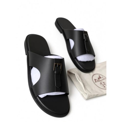 Fabian Men's Genuine Leather Buckled Wide-Band Cut-Out Slides Casual Slippers - Black