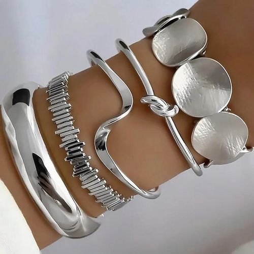 5 Pieces/set Women's Trend Jewelry Accessories Exaggerated Design Irregular Bracelet - Silver