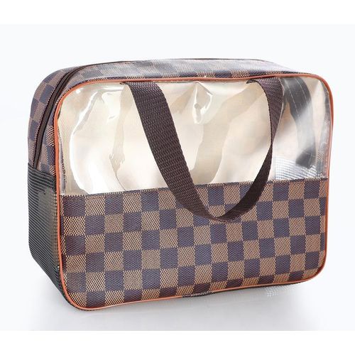 Checkered Cosmetic Bag & Toiletry Bag, PU Travel Makeup Organizer with Handle, Portable Wash Bag