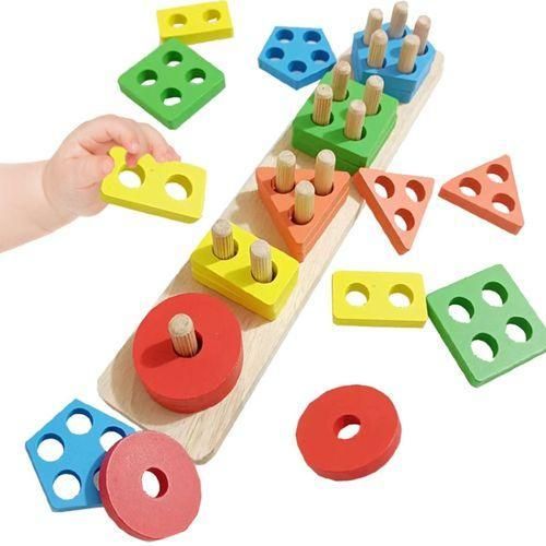 Wooden Montessori Shape Sorting & Stacking Puzzle Board – Educational Learning Toy for Kids