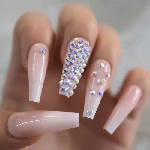 24pcs French Tip Long Nails With Rhinestone
