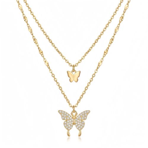 Double Layer Butterfly Necklace for Women, 14K Gold Plated Dainty Layering Necklace with Micro-Paved Zircon Butterfly Pendants, Hypoallergenic Minimalist Jewelry, Birthday Valentine's Day Gift for Her
