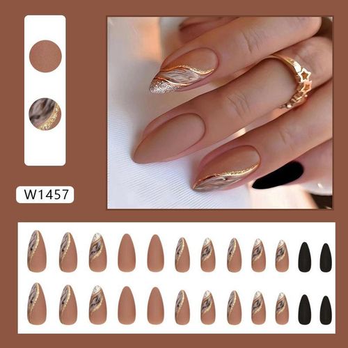24 PCS Wearing Nails - Coffee Brown Gold Glitter Almond Press On Nails
