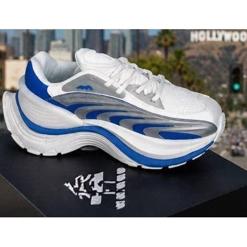 Men's Sculpted Futuristic Wave Platform Sneakers - White, Royal Blue & Silver Cushioning Shoes