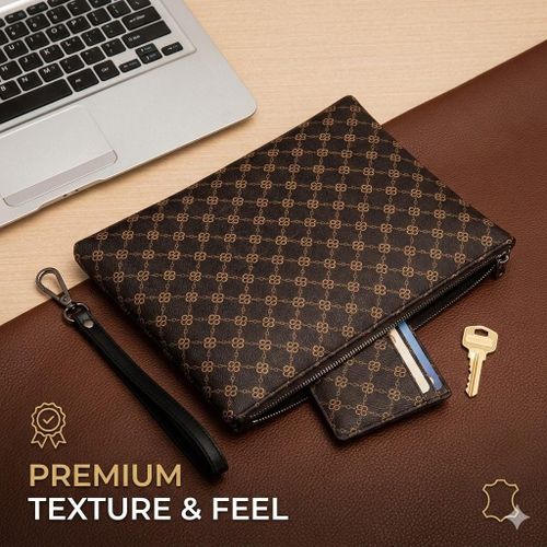 Luxurious Men’s Signature Pattern Wristlet Clutch Bag Professional Business Handbag with Detachable Leather Strap Premium Multi-Functional Organizer for Modern Professionals Sophisticated Brown Geometric Chain Design Pouch High-Capacity Wallet