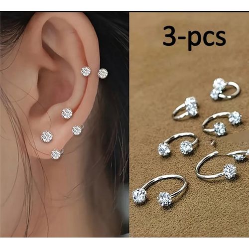 3 Pcs Stainless Zircon Spiral Horseshoe Piercing Earrings Set – Silver