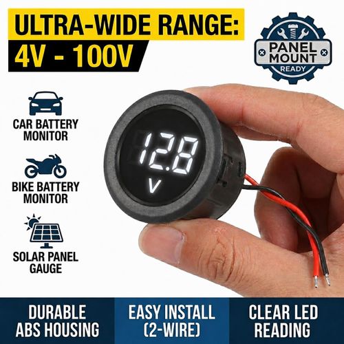 Round Mini DC Voltmeter 4-100V 2-Wire LED Panel Meter For Car Solar Battery,White