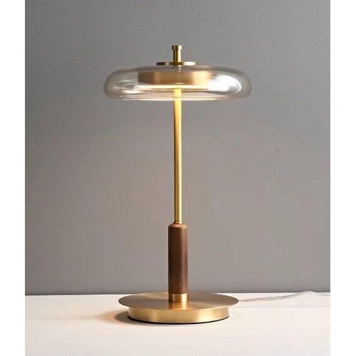 Modern Walnut, Brass & Glass LED Desk Light (Mushroom-Shaped Accent Table Lamp)