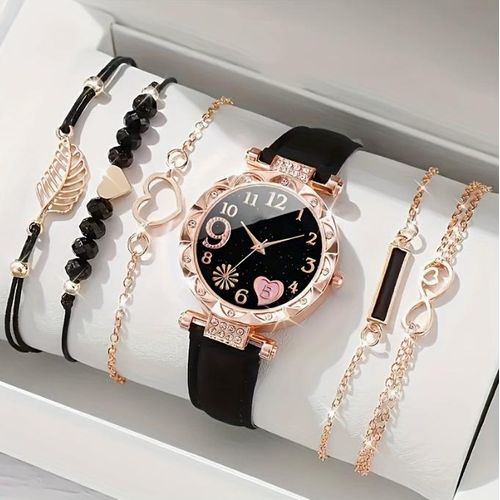 6PCS/Set Fashion Rhinestone Women's Watches Ladies Heart Dial Quartz Watch Leaf Bracelets Set
