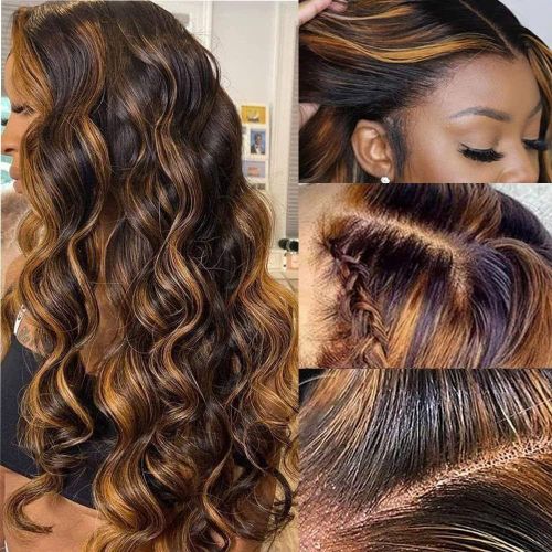 26-inch piano-colored highlighted wavy wig, long, center-parted wavy wig