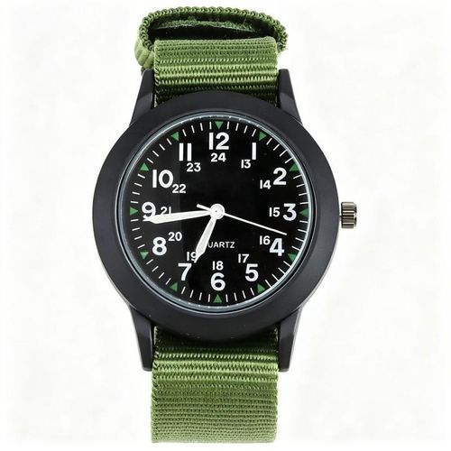 Men's Analog Quartz Watch 24H Display Green Nylon Strap Black Dial