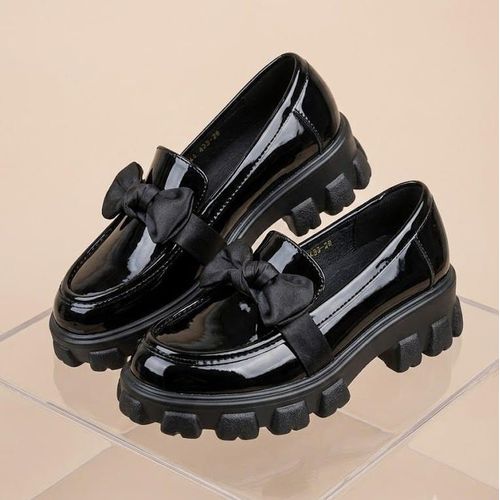 Girls Patent Leather Bow Loafers - Chunky Sole And School Shoes - Black