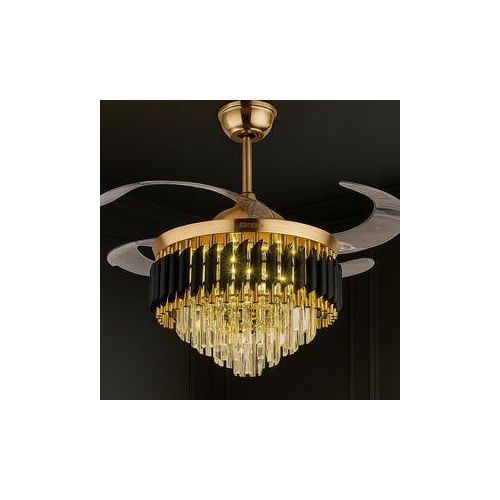 Luxury Modern Crystal Ceiling Fan Chandelier with Bluetooth speaker MP3 LED Light pendant light for Living room, Palour, Room, office, Reception, and all living spaces in the house – Gold & Black Finish