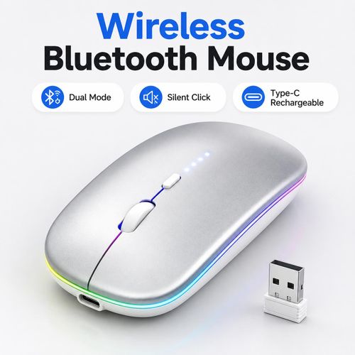 Wireless Bluetooth Mouse Silver Rechargeable Silent Click Slim Mouse for Laptop PC MacBook Office Computer
