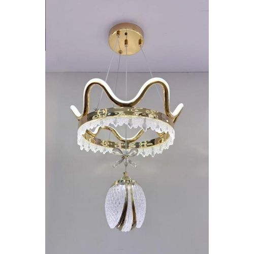 Regal Crown LED Pendant – Luxury Gold Halo Chandelier with Crystal Accents