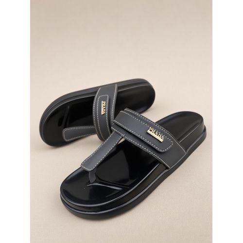 Fabian Men's Genuine Leather Contrast-Stitched Toe-Ring Slippers Sandals - Dark Grey/Black