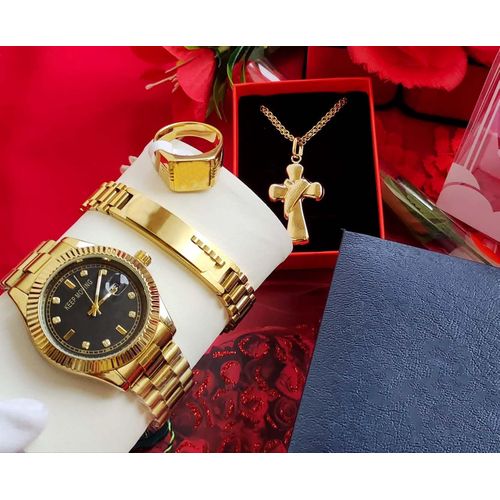 Very Superior Quality Non Fading Men's Gold Wristwatch/Necklace/Bracelet/Ring Set