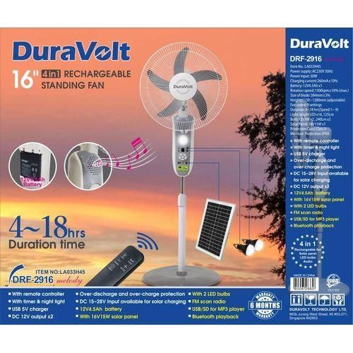 Duravolt DRF-2916 16 4-in-1 Rechargeable Standing Fan – Solar Compatible, LED Bulbs, FM Radio & Bluetooth