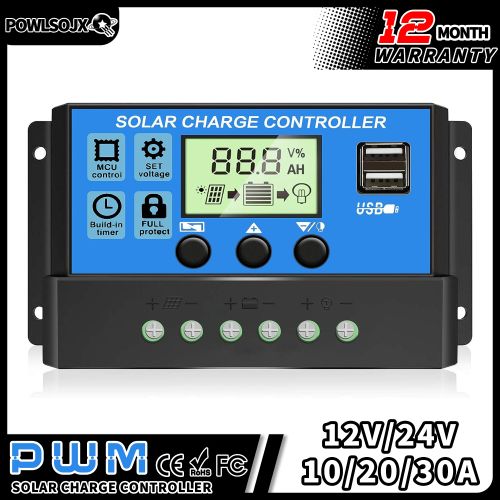 Solar Charge Controller 12V/24V Auto PWM MPPT with LCD Display & USB 5V/3A for Lead-Acid/Lithium Battery