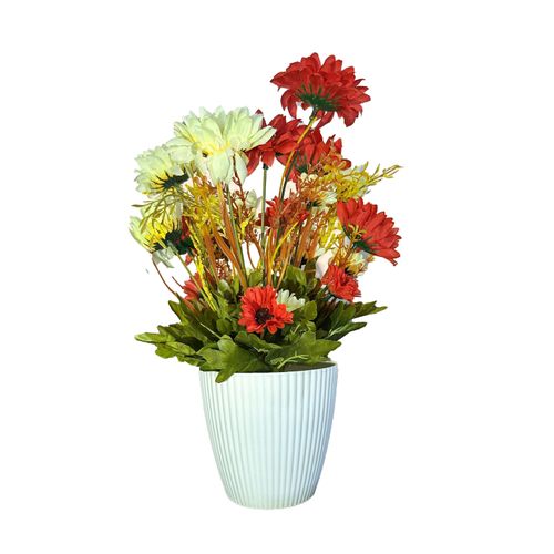 Red Carnation Flower on White Ribbed Vase