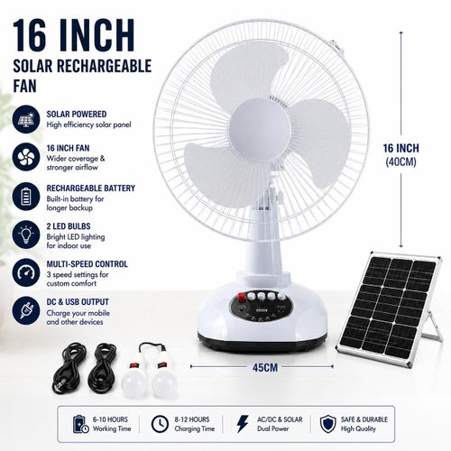 16-inch AC/DC solar charging fan, 4-in-1 function, with solar panel, 2 LED bulbs and USB port