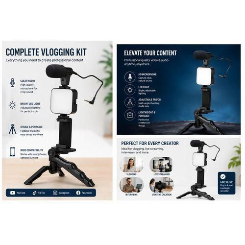 High Quality AY-49 Professional Vlogging Kit – 5-in-1 Tripod, Mic, Light & Phone Holder for Mobile Video Production