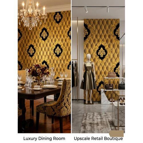 Royal Gold & Onyx Damask Wallpaper – Luxury 3D Quilted-Effect Textured Vinyl