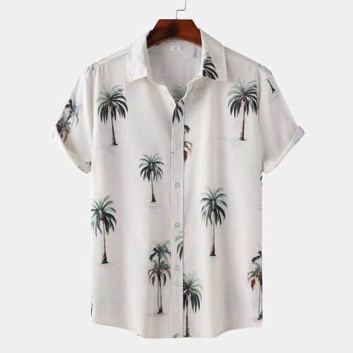 Mens Short Sleeved Hawaiian Style Printed Short Sleeved Cotton Shirt - Beige