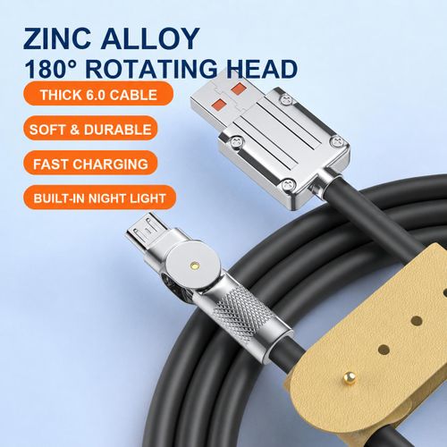 1.8M 120W 180° Rotating USB-Micro Type C Super Fast Charging Silicone Cable-Black