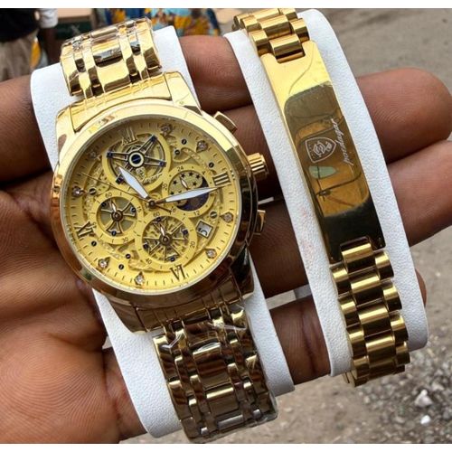 Superior Quality Non Fading Men's Gold Wristwatch + Wrist Set For Money Makers