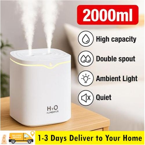 2L Double Spray White Portable USB Humidifier with Ambient RGB Light, Ultra Quiet Cool Mist, Rechargeable Indoor Air Moisturizer for Better Sleep and Dry Skin Relief in Bedroom, Office, Yoga, Indoor Spaces--Perfect Gift for Wife, GF in Dry Season