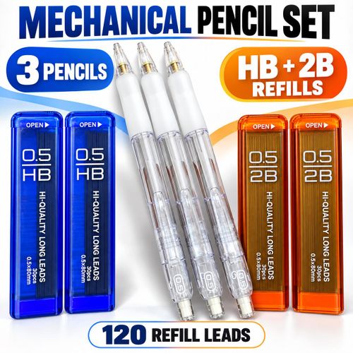 0.5mm Mechanical Pencil Set - 3 Pencils with 120 HB and 2B Refill Leads