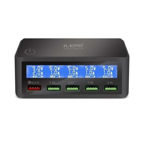 65W 5-Port USB Adapter Display with Wireless Charge for iPhones, Samsung, Xiaomi, Huawei at the Top - Adaptive Intelligent LCD display Multiport Charger