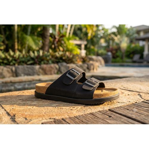 Unisex Black Suede Double Strap Buckle Sandals – Cork Footbed Slides