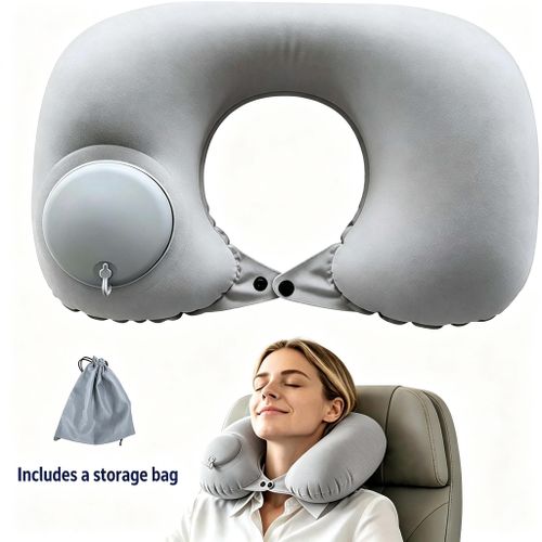 Inflatable Travel Neck Pillow U-Shaped Milk Silk Soft Press Pump Air Pillow for Airplane Car Office with Storage Bag - Gray