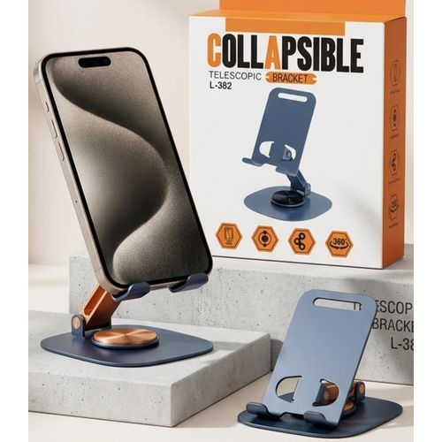 Collapsible Telescopic Desktop Phone & Tablet Stand (Model L-382) – 360° Rotating Base, Adjustable Height & Angle, Foldable Metal Bracket Holder