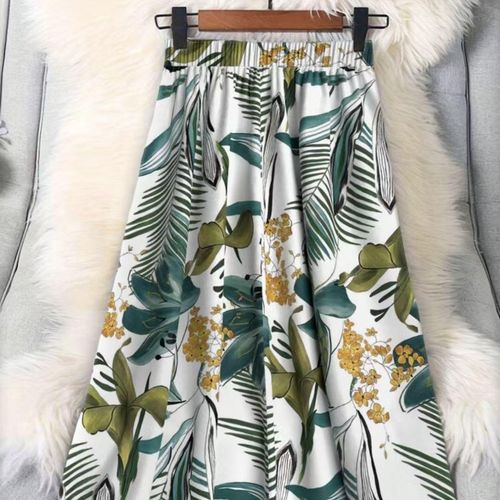 coolfamily lady's Skirt Women's Green Leaf Print Skirt Midi A-Line Skirt Casual Summer Swing Skirt for Daily Outing
