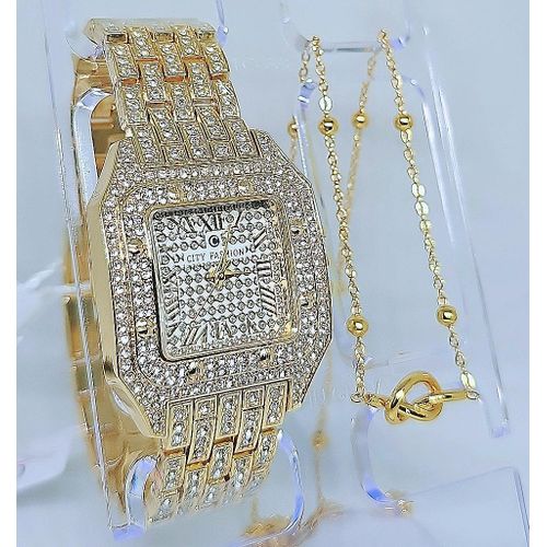 Gold Wristwatch & Gold Necklace For Ladies