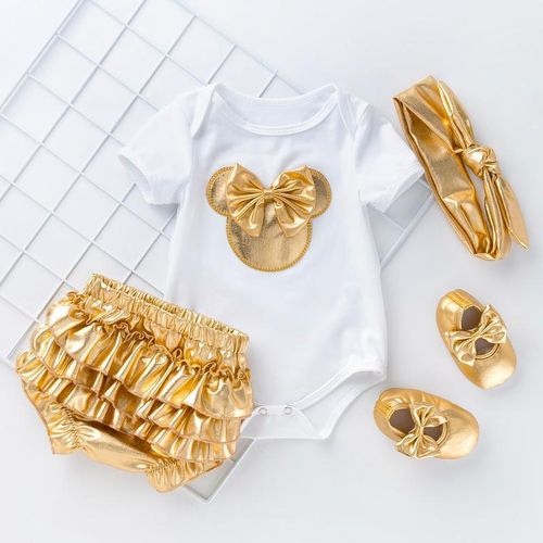 Baby Girl Clothes Short Sleeve Bodysuit +shorts+headband+shoe-white/gold