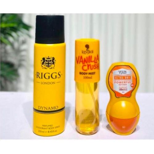 Vanilla Crush EDP Perfume Natural Spray 100ml & Riggs Dynamo Body Spray & Tag Ultra Dry Roll On