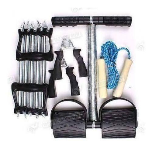 4-Way Training Set - Tummy Trimmer - Chest Expander - Jump Rope - Hand Grips - Black