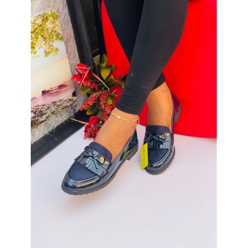 Classic Glossy Women Loafers Navy-Blue