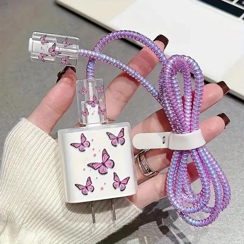 5Piece Butterfly Pattern Charger & Cable Protector Set with Strap for iPhone 20W Adapter