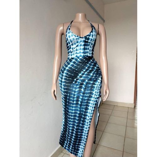 Women’s Tie-Dye Halter Neck Ruched Bodycon Midi Dress with Side Slit - Blue & White
