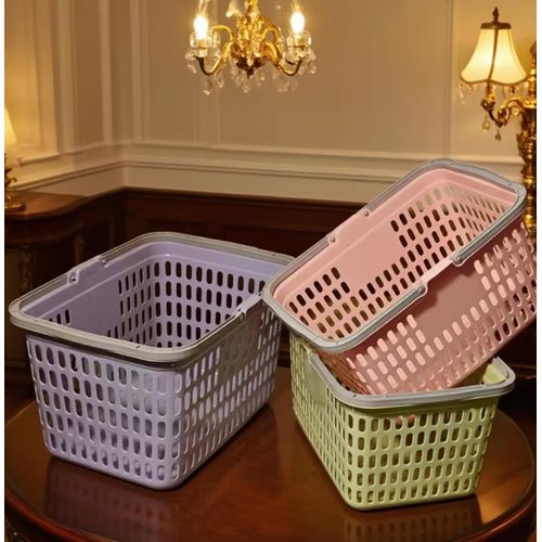 2pcs Mixed Color Stackable Hand Basket Shopping Crate, Mixed Color Storage Basket, Fashionable Durable Supermarket Retail Store Storage Basket, Kitchen Bathroom Home Storage Basket, Picnic Picking Basket