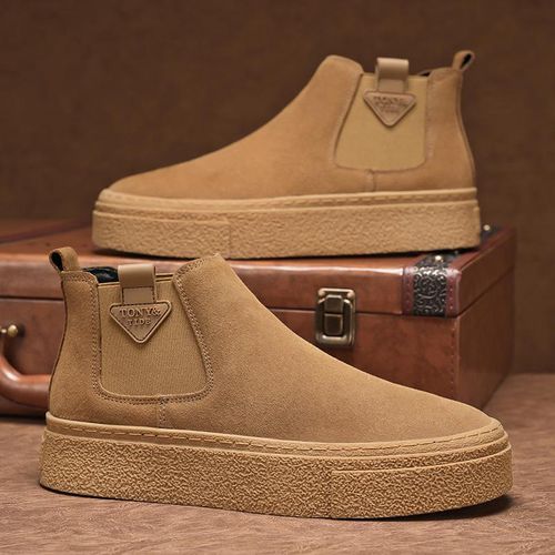 Men’s Retro Slip-On Mid-Top Ankle Boots Subtle Height Boost Casual Footwear Shoes Brown