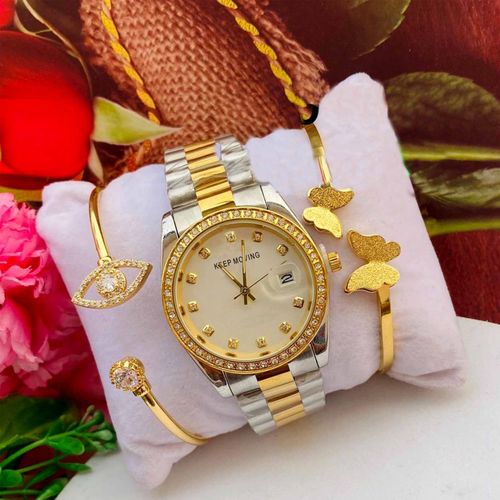 So Beautiful & Quality Certified Non Fading Silver/Gold Wristwatch+ 2 Bracelets