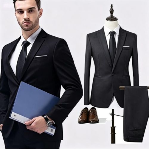 2 pcs Set Men's Suit Slim Fit , Fashion Men's Slim Fit Formal Business Suit (Jacket, Pants) - Black